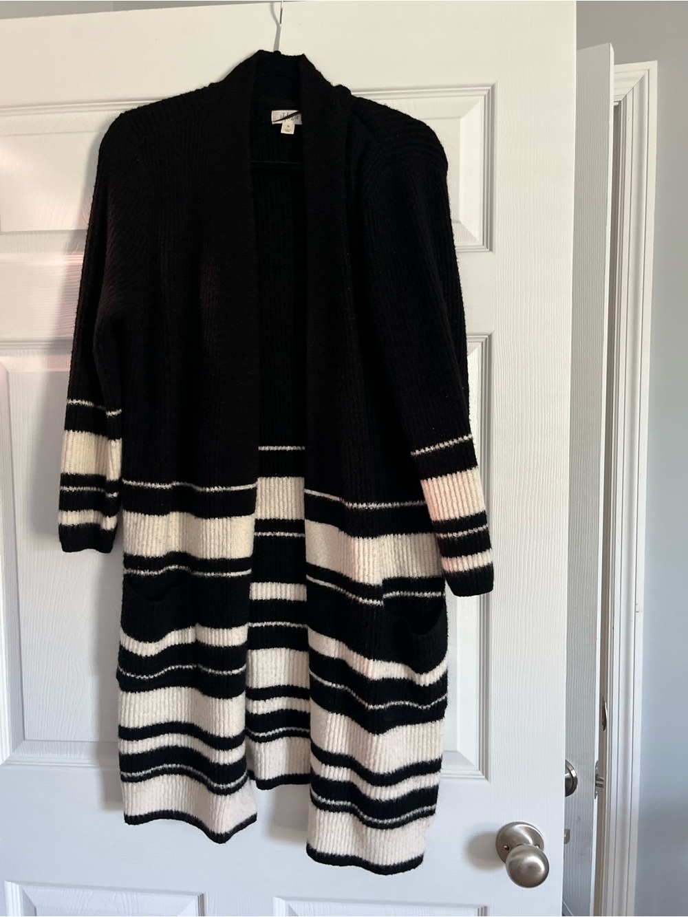 Style & Co. Black and Cream Striped Open-Front Cardigan